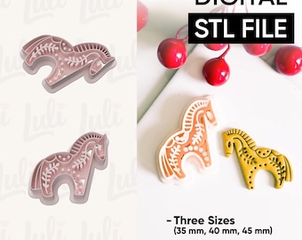 May include: Digital STL file featuring horse-shaped cookie cutters in three sizes: 35 mm, 40 mm, and 45 mm. The image shows the cutters in pink, orange, and yellow, with decorative details. The text "DIGITAL STL FILE" is displayed.