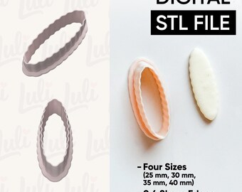 May include: A digital STL file for a decorative oval shape. The image shows the shape in multiple sizes, including 25 mm, 30 mm, 35 mm, and 40 mm. The design features 0.4 sharp edges. The text "DIGITAL STL FILE" is displayed.