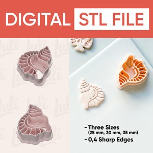 May include: Digital STL file featuring seashell designs. The image shows three sizes: 25 mm, 30 mm, and 35 mm. The edges are 0.4 sharp. The text "DIGITAL STL FILE" is displayed at the top.