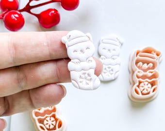 Christmas Cat in Stocking Clay Cutter – Holiday Polymer Clay Earring or Charm Shape