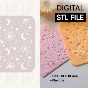 Puede incluir: Un esténcil rosa claro con un diseño celestial de soles, lunas y estrellas. La imagen también muestra un esténcil rosa y naranja con el mismo diseño. Se muestra el texto "DIGITAL STL FILE". El tamaño es de 10 x 10 mm.