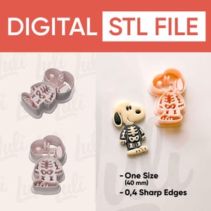 Peut inclure: Un fichier STL numérique pour un emporte-pièce en forme de chien de dessin animé portant un costume de squelette. L'ensemble comprend l'emporte-pièce et un tampon assorti, avec un exemple de biscuit fini. Texte : DIGITAL STL FILE, One Size (40 mm), 0,4 Sharp Edges.
