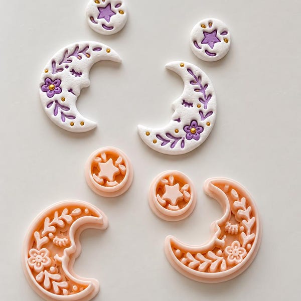 Folk Moon Cutter: Celestial Floral Crescent Dangle Shape for Polymer Clay
