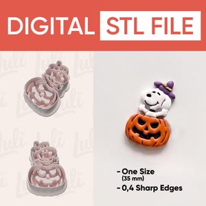 May include: Digital STL file for a cookie cutter featuring a white dog character wearing a purple witch hat sitting inside an orange jack-o'-lantern pumpkin. The product includes a 35 mm size specification and 0.4 sharp edges for cutting.