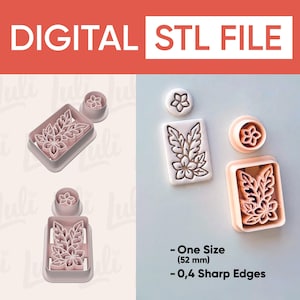 May include: Digital STL file showing a floral design. The image displays a rectangular and circular cookie cutter with a floral design, and a sample of the cut-out design. The text reads "DIGITAL STL FILE".