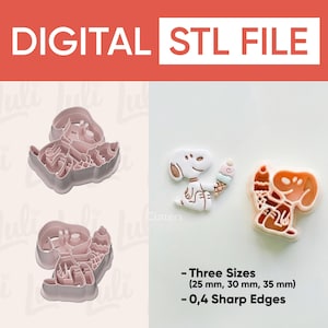 May include: Digital STL file for Snoopy cookie cutters. The image shows three different sizes of the cutter, with dimensions of 25 mm, 30 mm, and 35 mm. The cutters have 0.4 sharp edges. The text "DIGITAL STL FILE" is at the top.