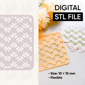 Puede incluir: Archivo STL digital para una plantilla flexible con un patrón de hojas. La plantilla es de color lila claro con un diseño de hojas blancas. El tamaño es de 10 x 10 mm.
