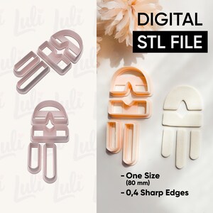 May include: Pink plastic cookie cutters in a geometric design, with the text "DIGITAL STL FILE". The cutters are in the shape of a star, a rectangle, and a half-circle. The text "One Size (80 mm) - 0,4 Sharp Edges" is also visible.