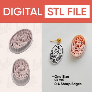 May include: Digital STL file for a light pink oval-shaped clay cutter featuring a cat, skull, moon, and stars design. Includes a finished white oval earring with a gold stud and black graphic details. Text reads: Digital STL File, One Size (32 mm), 0.4 Sharp Edges.