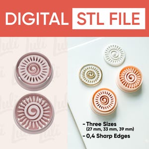 May include: The image displays a digital STL file for cookie cutters. The design features a spiral sun shape in various colors, including pink, white, and gold. The text indicates three sizes: 27 mm, 33 mm, and 39 mm, with 0.4 sharp edges.