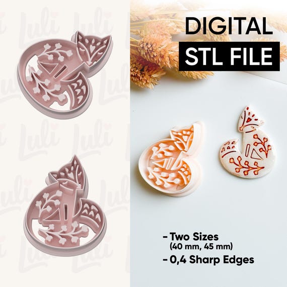 Fox & Foliage Polymer Clay Cutter STL File: 3D Print Jewelry (Digital Download)