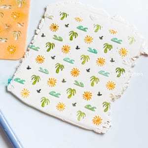 Tropical Summer Stencil – Palm Tree, Waves & Sun Pattern for Polymer Clay 00518