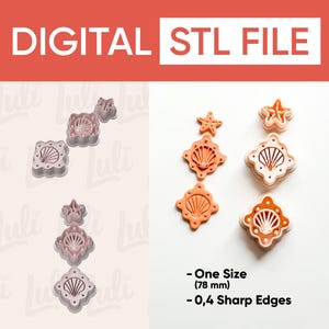 May include: Digital STL file featuring seashell and starfish-shaped cookie cutters. The cutters are in various sizes and shapes, including a square, a diamond, and a starfish. The cutters are coral-colored and have sharp edges. The text "DIGITAL STL FILE" is at the top.