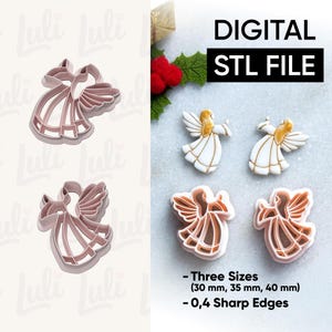 May include: Digital STL file featuring angel-shaped designs. The image shows angel cookie cutters and finished angel decorations. The text indicates three sizes available: 30 mm, 35 mm, and 40 mm, with 0.4 sharp edges. The design is suitable for crafting and holiday decorations.