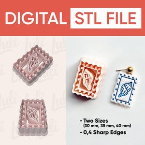 May include: A digital STL file for a seashell-shaped stamp. The image shows the stamp in various stages, including a finished earring. The stamp is rectangular with a scalloped edge and comes in two sizes: 30 mm, 35 mm, and 40 mm.