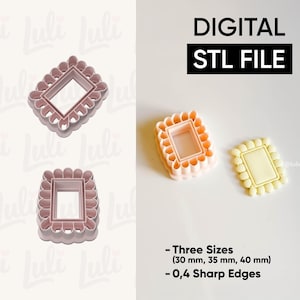 May include: A digital STL file for a cookie cutter with a rectangular frame design. The cookie cutter is available in three sizes: 3 cm, 3.5 cm, and 4 cm. The edges are 0.4 sharp. The image shows the cookie cutter in pink and yellow.