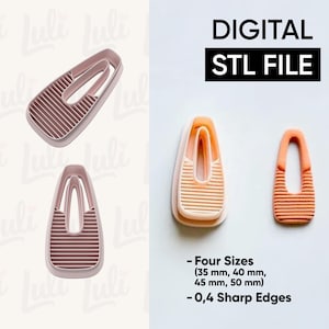 Puede incluir: Archivo STL digital para un diseño de pinza para el pelo. La imagen muestra tres modelos de pinzas para el pelo rosas y dos modelos naranjas. El texto de la imagen dice "DIGITAL STL FILE" y "Cuatro tamaños (35 mm, 40 mm, 45 mm, 50 mm) - 0,4 bordes afilados."