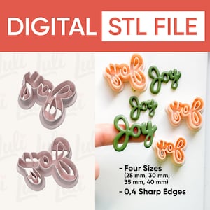 Może przedstawiać: Cyfrowy plik STL z wykrawaczkami do ciastek w kształcie słowa "Joy". Obraz przedstawia wykrawaczki w kolorze różowym i zielonym, w czterech rozmiarach: 25 mm, 30 mm, 35 mm i 40 mm. Wykrawaczki mają ostre krawędzie 0,4.