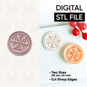 May include: A digital STL file for a snowflake design. The image shows a snowflake cookie stamp and a stamped cookie. The text on the image says "DIGITAL STL FILE" and "Two Sizes (35 mm, 40 mm) - 0,4 Sharp Edges."