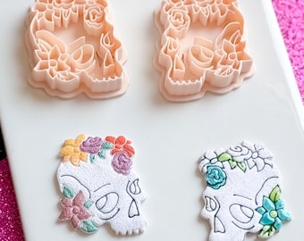 Floral Skull Clay Cutter: Polymer Clay Earring Mold, Botanical Goth (46 mm