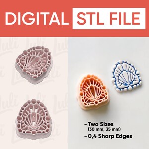 May include: The image displays a digital STL file for a seashell-shaped cookie cutter. The design is shown in pink, orange, and blue. The text indicates two sizes: 30 mm and 35 mm, with 0.4 sharp edges.