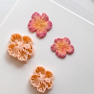 Può includere: Tagliapasta e biscotti decorati a forma di fiori di ibisco rosa e arancione. I tagliapasta sono rosa chiaro e i biscotti hanno una sfumatura di colori dall'arancione al rosa. L'immagine è su una superficie bianca. Il testo "@LuliCutters" è in basso a destra.