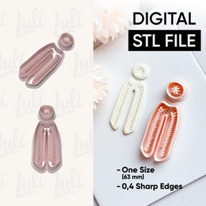 May include: Digital STL file for a cookie cutter set. The set includes a main cutter with a floral design and a smaller circular cutter. The text "DIGITAL STL FILE" is displayed in a black box. The cutter is one size, 63 mm.