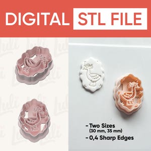 Könnte beinhalten: Digitale STL-Datei mit einem Enten-Design. Das Bild zeigt zwei rosa Ausstecher und einen weißen Keks mit dem Enten-Design. Der Text gibt zwei Größen an: 30 mm und 35 mm, mit 0,4 scharfen Kanten.