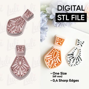 May include: Digital STL file for earring cutters. The cutters are in the shape of a geometric design with floral elements. The image shows the cutters in pink, orange, and black and white. The text on the image says "DIGITAL STL FILE".