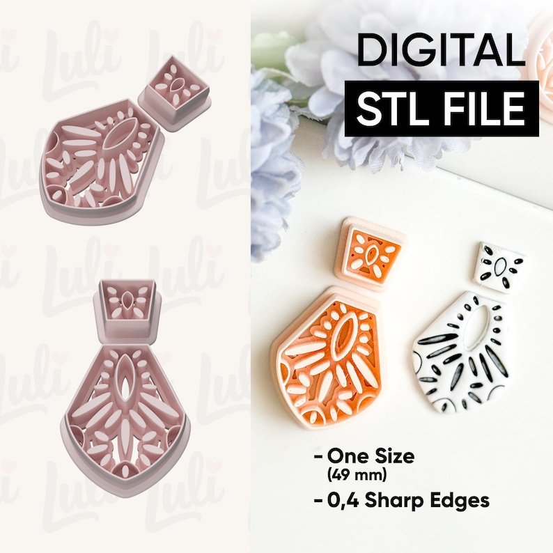 May include: Digital STL file for earring cutters. The cutters are in the shape of a geometric design with floral elements. The image shows the cutters in pink, orange, and black and white. The text on the image says "DIGITAL STL FILE".