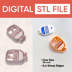 May include: A digital STL file for a fish-shaped cookie cutter. The set includes two light pink plastic cutters with wavy internal details and a 35 mm size. The image displays the cutters alongside a blue and white fish-shaped cookie.