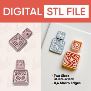 May include: Digital STL file featuring two sizes of square and flower-shaped cutters. The cutters are in pink, orange, and blue, with sharp edges. The sizes are 25 mm and 30 mm. The text "DIGITAL STL FILE" is at the top.