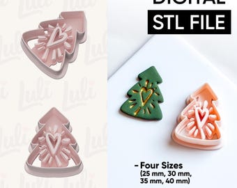 May include: Pink plastic Christmas tree-shaped cookie cutters with a heart design in the center. The image also shows a green cookie with gold accents and a pink cookie made with the cutter. The text on the image says "DIGITAL STL FILE".