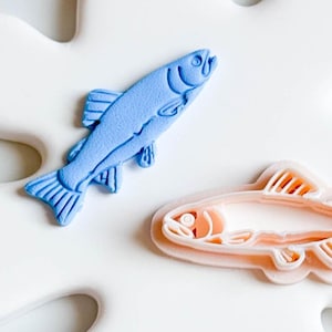 Può includere: Due stampini per biscotti di plastica a forma di pesce. Uno è blu e l'altro è rosa.
