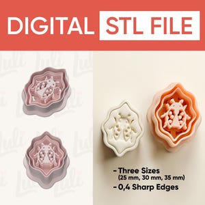 May include: Digital STL file featuring ladybug-shaped cookie cutters in three sizes: 25 mm, 30 mm, and 35 mm. The cutters are in shades of pink and peach, with sharp edges for detailed designs. The image includes the text "DIGITAL STL FILE."