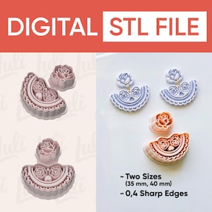 Puede incluir: Imagen de archivo STL digital para cortadores de pendientes y colgantes con temática floral. La imagen muestra varios cortadores en diferentes tamaños y diseños, incluyendo una rosa y una forma de media luna. El texto en la imagen dice "DIGITAL STL FILE" y "Two Sizes (35 mm, 40 mm) - 0,4 Sharp Edges."