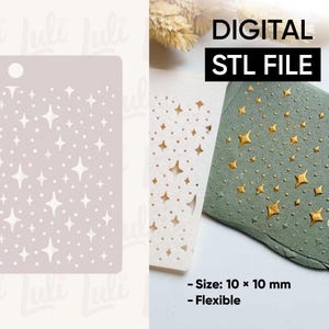 May include: A light pink stencil featuring a star and dot design. The image also displays a white stencil with star cutouts and a green surface with gold star decorations. Text reads "DIGITAL STL FILE". Size: 10 x 10 mm.