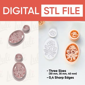 May include: Digital STL file featuring rose-shaped cookie cutters in three sizes: 30 mm, 35 mm, and 40 mm. The cutters have sharp edges for detailed designs. The image shows the cutters in pink and white.