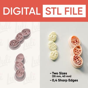 May include: The image displays Easter egg-shaped cookie cutters and the text "DIGITAL STL FILE". The cutters are in two sizes, 35 mm and 40 mm, with 0.4 sharp edges. Examples of the cut-out shapes are also shown.
