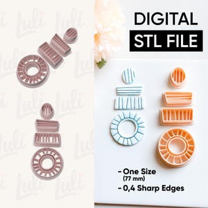 May include: A collection of pink and orange geometric-shaped cookie cutters. The cutters include circles, rectangles, and cylinders. The image also displays the text "DIGITAL STL FILE" and "One Size (77 mm)".