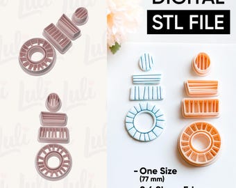 May include: A collection of pink and orange geometric-shaped cookie cutters. The cutters include circles, rectangles, and cylinders. The image also displays the text "DIGITAL STL FILE" and "One Size (77 mm)".