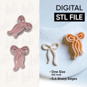 以下が含まれることがあります： ピンク色のリボン型のクッキーカッターと、画像内のリボン型のオブジェクト。画像には「DIGITAL STL FILE」というテキストも含まれています。リボン型のオブジェクトのサイズは約40mmです。