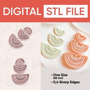May include: A digital STL file for 3D printing semi-circular clay cutters featuring intricate radial patterns. The set includes various sizes with 0.4 sharp edges and a 68 mm dimension. The cutters are shown in light pink, sage green, and peach colors.
