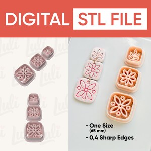 Op de afbeelding: Digitale STL-bestand met vierkante, roze uitsteekvormen met bloemen- en bladerenontwerpen. De afbeelding bevat voorbeelden van de ontwerpen. De tekst op de afbeelding luidt "DIGITAL STL FILE". De uitsteekvormen zijn 6,5 cm groot.