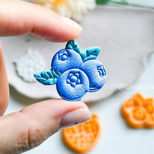 Könnte beinhalten: Ein blauer Polymer Clay-Anhänger in Form einer Blaubeertraube mit grünen Blättern. Der Anhänger wird von einem Finger gehalten.