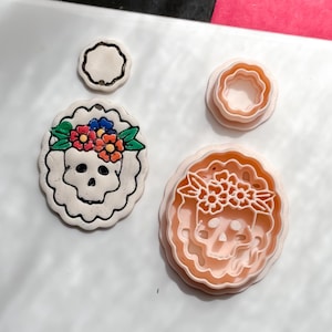 Floral Skull Cutter Set – Day of the Dead Polymer Clay Mold – Sugar Skull Jewelry Tool – 40 mm Base + 16 mm Topper