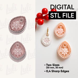 May include: Digital STL file showing snowflake-shaped earring and cookie cutters. The cutters are light pink with a snowflake design. The image also shows a finished earring with a gold hoop. Text on the image reads "DIGITAL STL FILE".