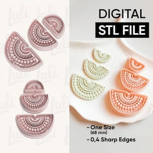 Puede incluir: Cortadores de galletas semicirculares rosas y naranjas con intrincados patrones de puntos y líneas. La imagen incluye el texto "DIGITAL STL FILE" y "One Size (68 mm) - 0,4 Sharp Edges."
