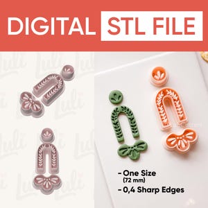 May include: Digital STL file for crafting. The image displays plastic cutters in pink and green, with floral and arched designs. Text on the image reads "DIGITAL STL FILE" and "One Size (72 mm)", which is approximately 2.8 inches.