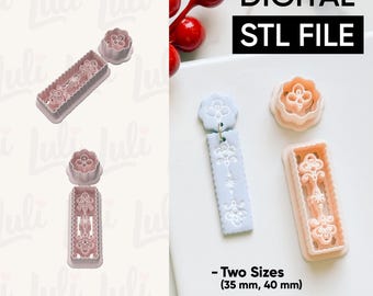 May include: Digital STL file for earring cutters. The image shows two sets of earring cutters, one in pink and one in light blue, with a floral design. The text on the image says "DIGITAL STL FILE" and "Two Sizes (35 mm, 40 mm)".